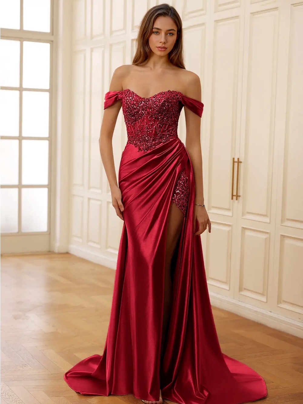 Rowane Red Corset Rhinestone Sheer Lace Evening dress - Picture 2 of 12